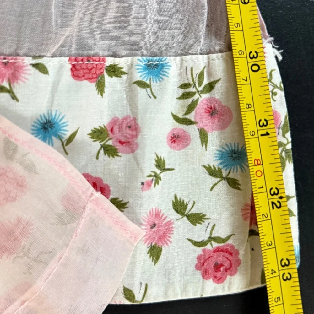 Vintage Floral Ruffle Apron Pink Sheer Full Bib Cottagecore 1950s 1960s